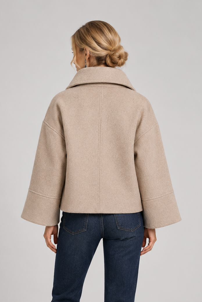 Women's Short Wool Coat – Oversized Collar Double Breasted Wrap Jacket