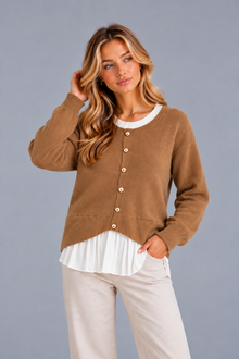 Women’s Layered Knit Cardigan – Button Front Pleated Hem Jumper