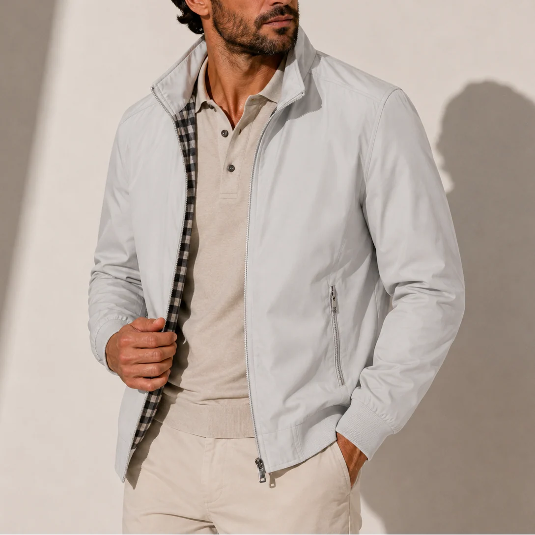 Men's Cotton Bomber Jacket – Check-Lined Stand Collar Zip Jacket