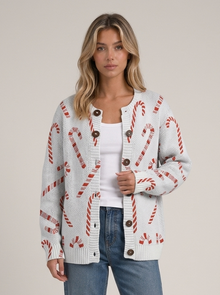 Women's candy cane buttoned cardigan – front view
