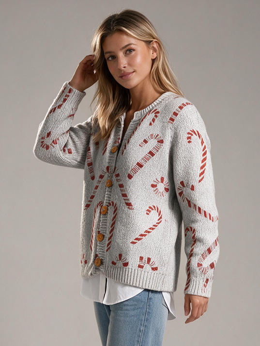 Women's candy cane buttoned cardigan – front view