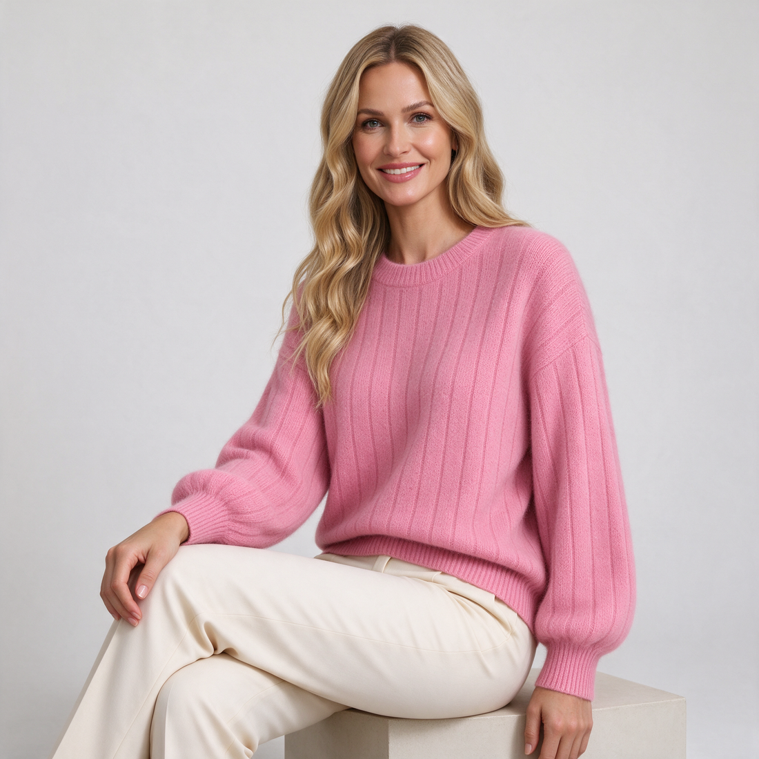 Women's pink cashmere crew neck jumper front view