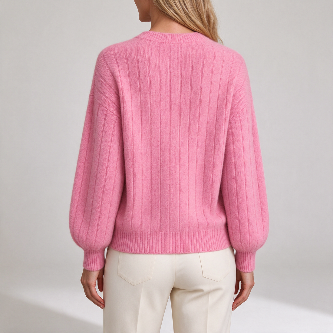 Women's pink cashmere crew neck jumper rear view