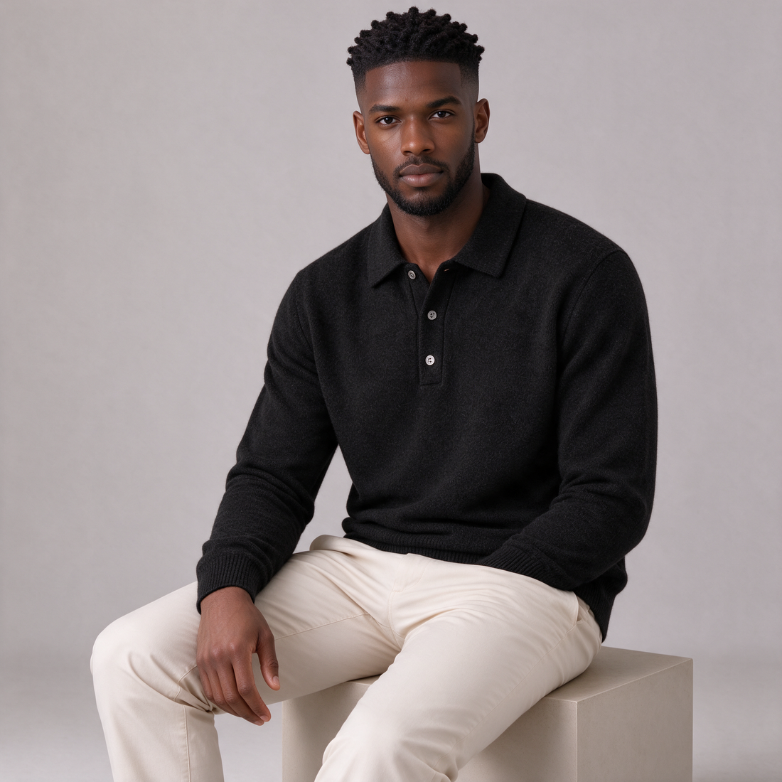 Men's cashmere blend polo jumper in black
