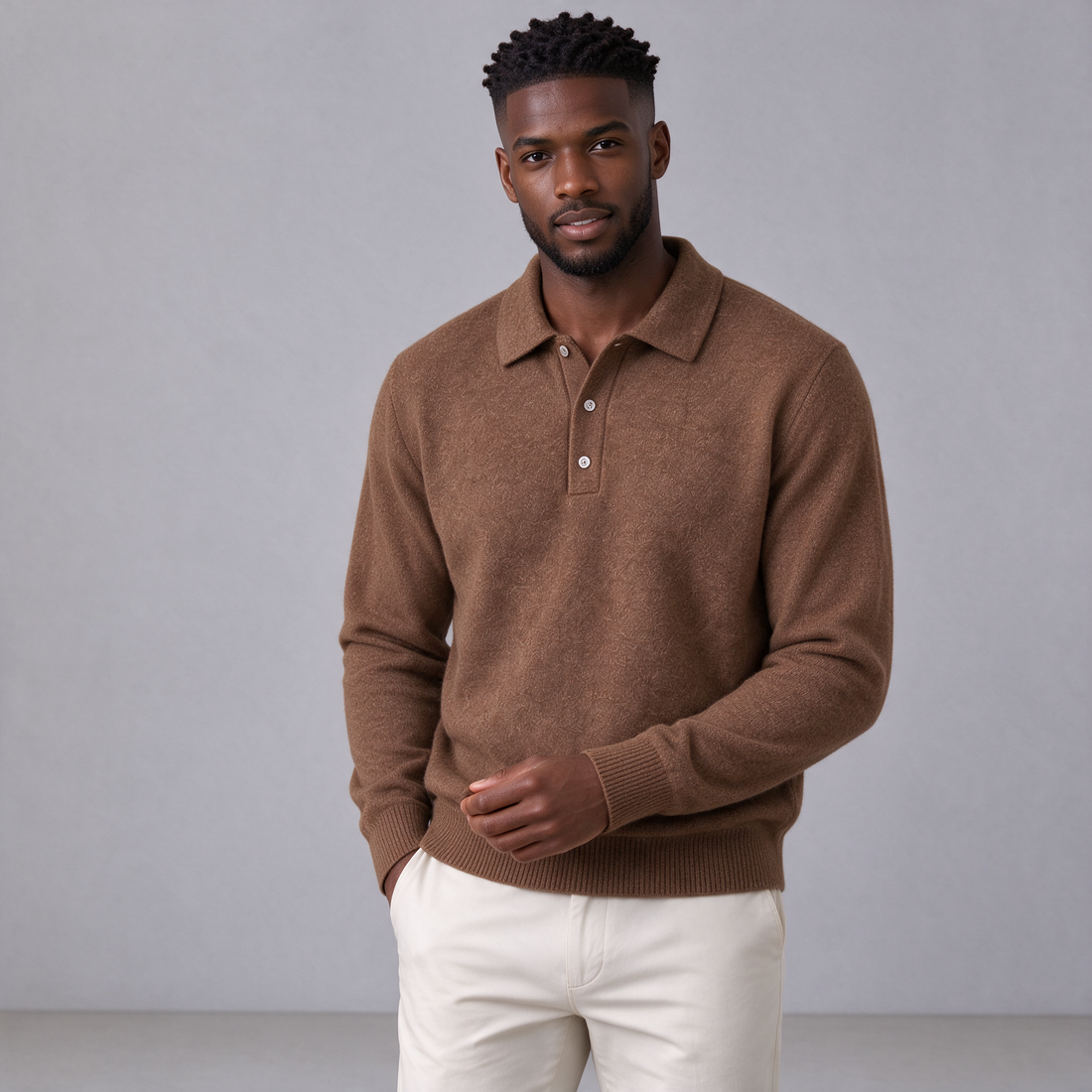 Men's cashmere blend polo jumper in brown, alternate pose