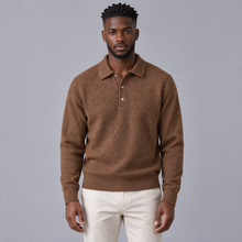 Men's cashmere blend polo jumper in brown, front view