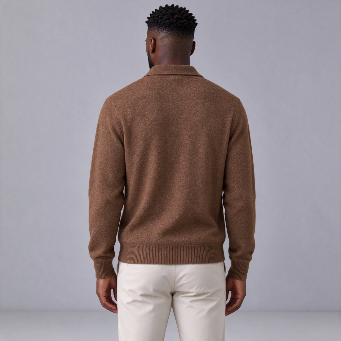 Men's cashmere blend polo jumper in brown, rear view