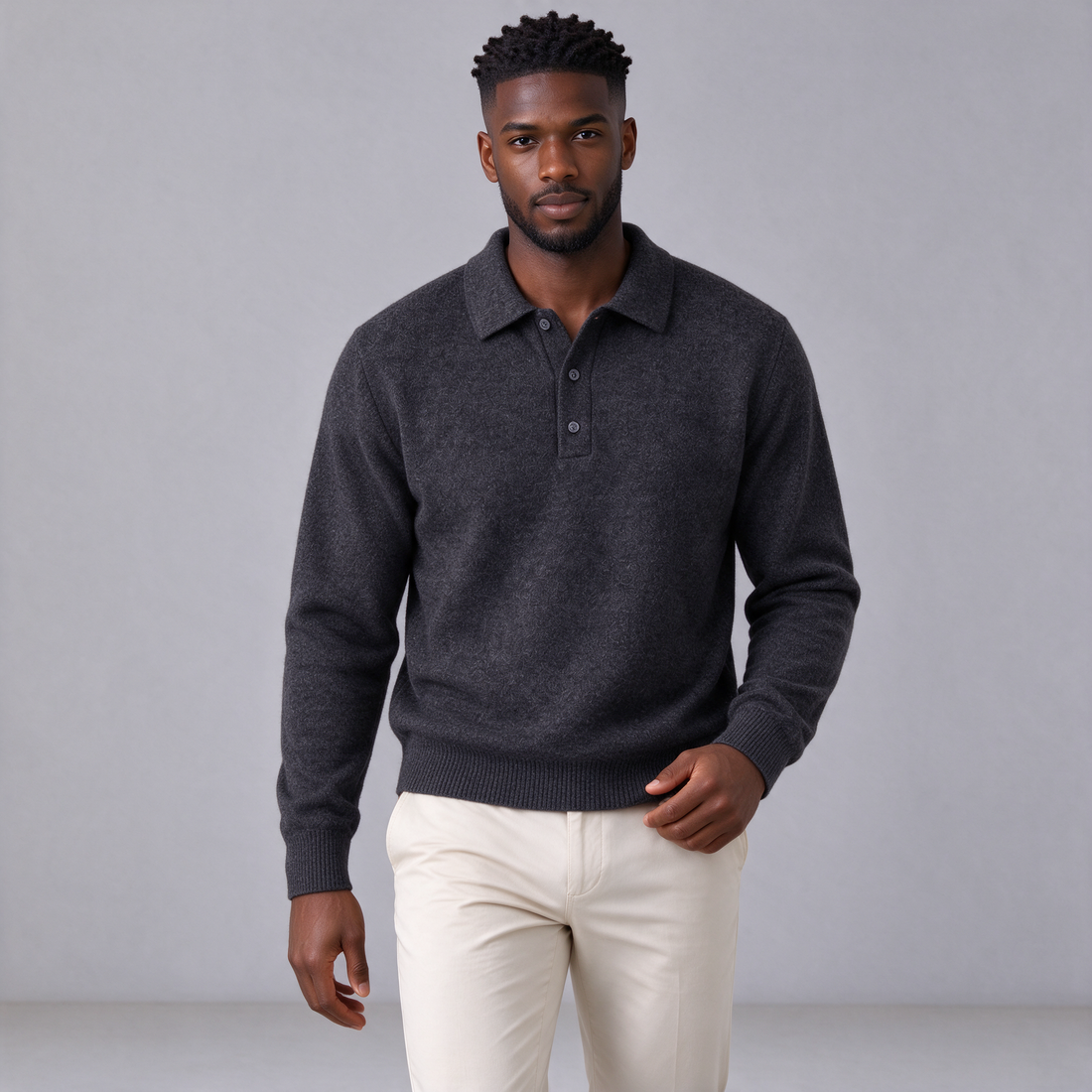 Men's dark grey cashmere blend polo jumper