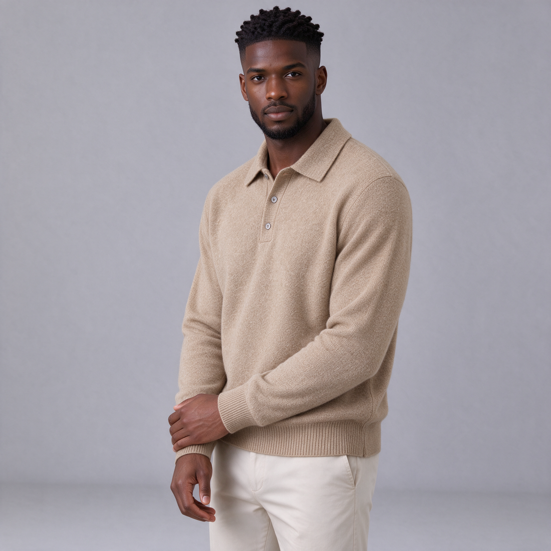 Men's cashmere blend polo jumper in khaki