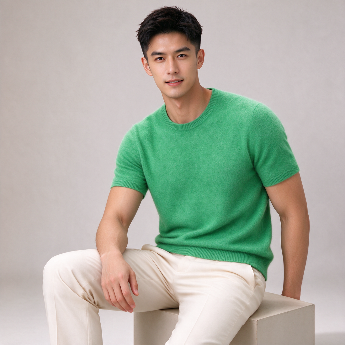 Men's green 100% cashmere t-shirt, front view