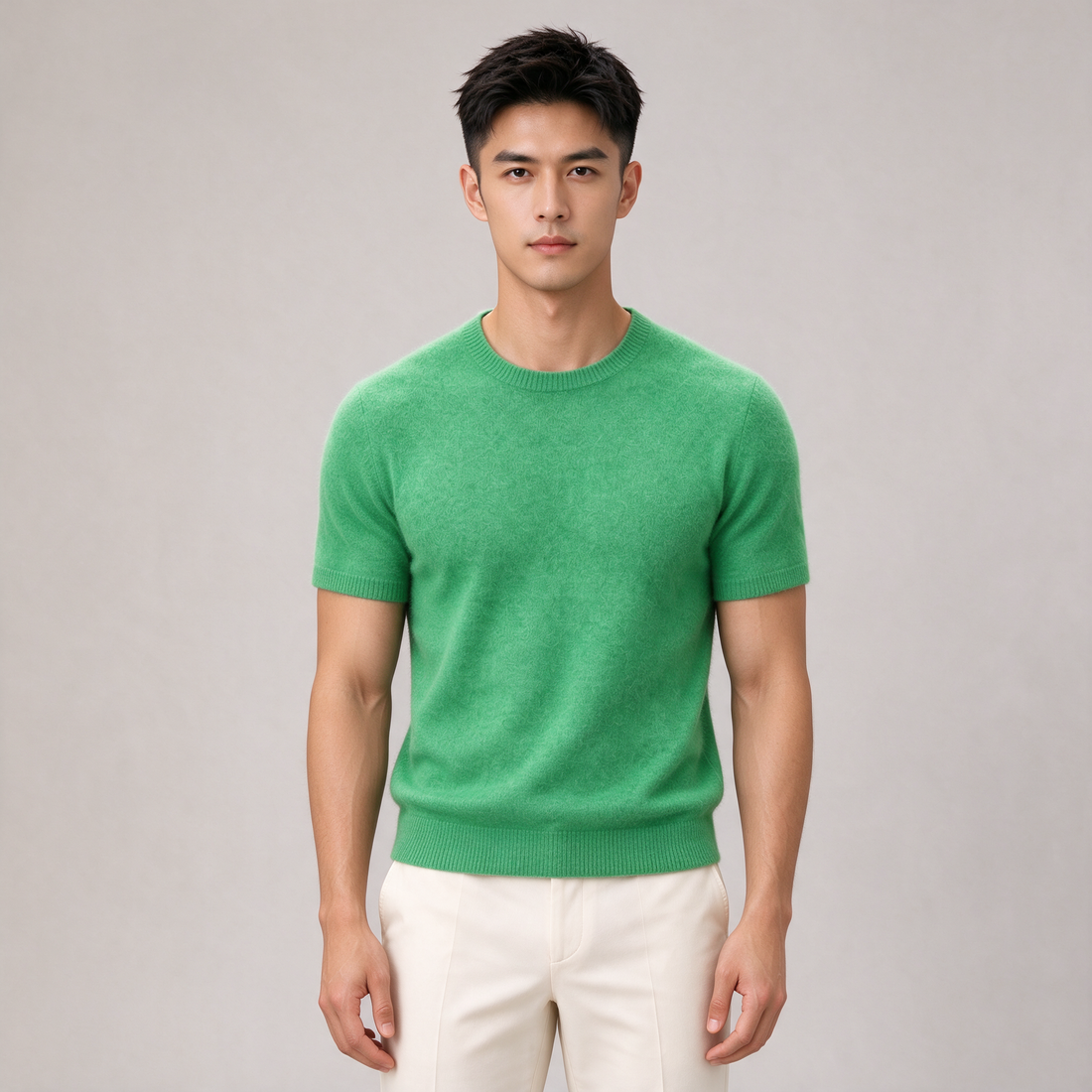 Men's green 100% cashmere t-shirt, front view