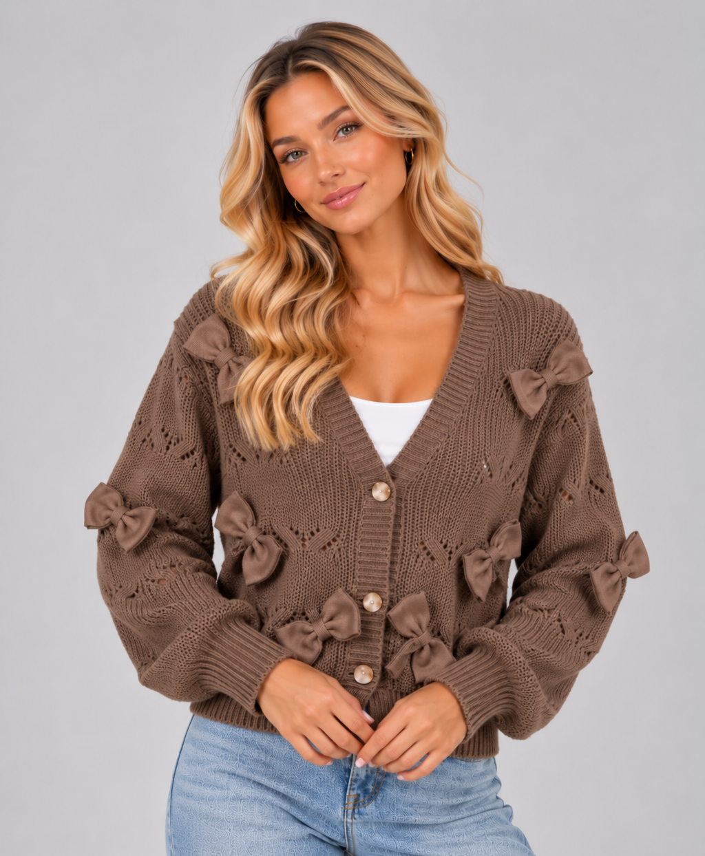 Women’s Bow Cardigan – Textured Knit V-Neck Button Up Cropped Cardigan