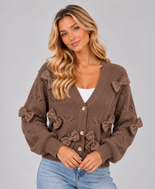 Women’s Bow Cardigan – Textured Knit V-Neck Button Up Cropped Cardigan