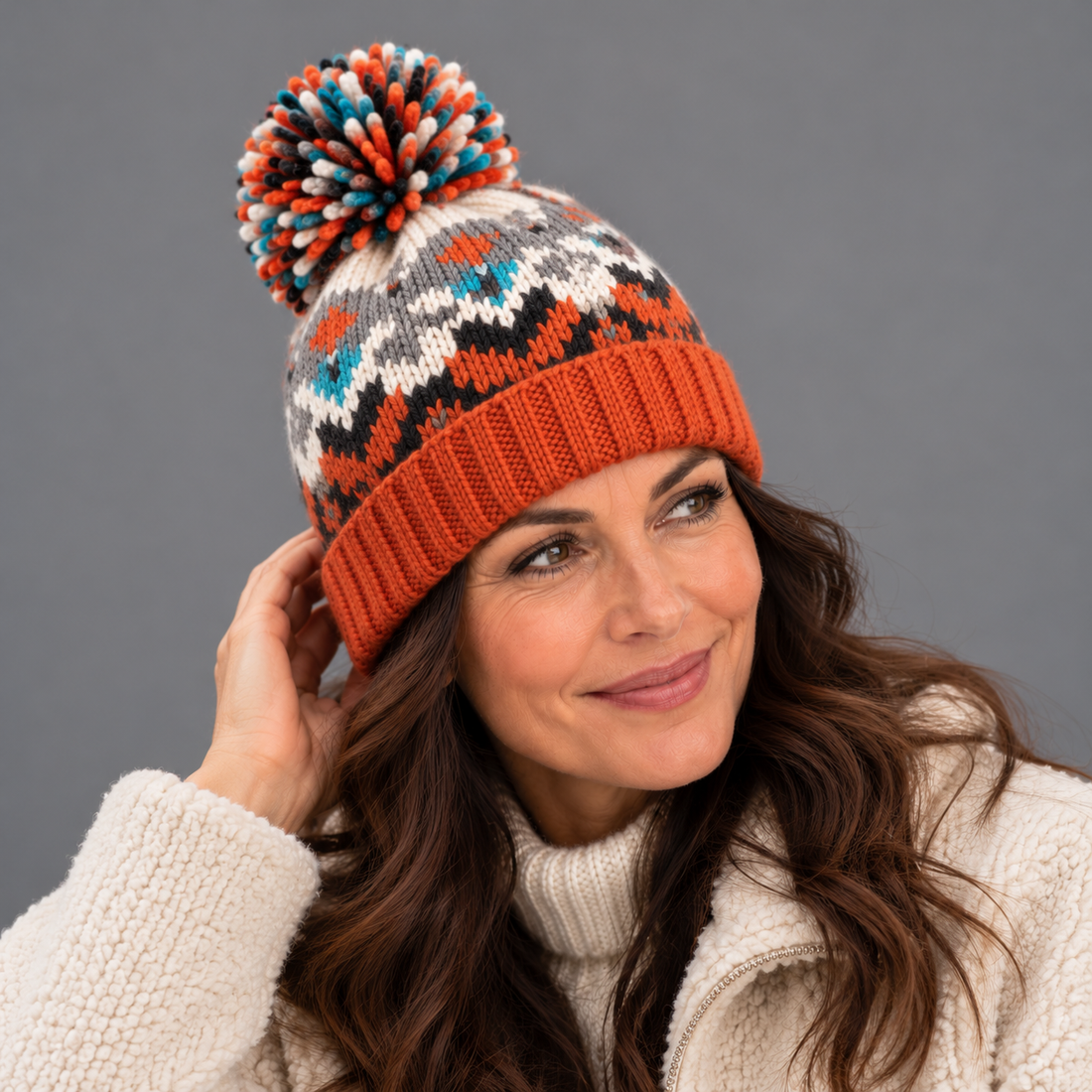 Women's Beanie Hat – Snowflake Knit Bobble Hat with Pom Pom & Ribbed Cuff