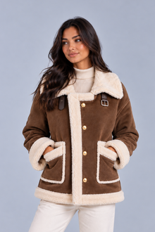 Women’s Faux Shearling Suede Look Jacket – Aviator Style Coat