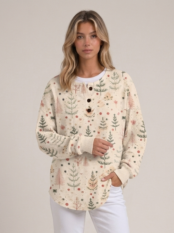 Women's Christmas tree print ribbed knit sweater – front view