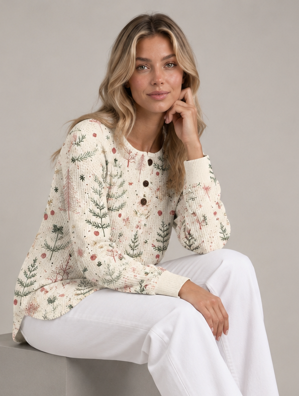 Women's Christmas tree print ribbed knit sweater – front view