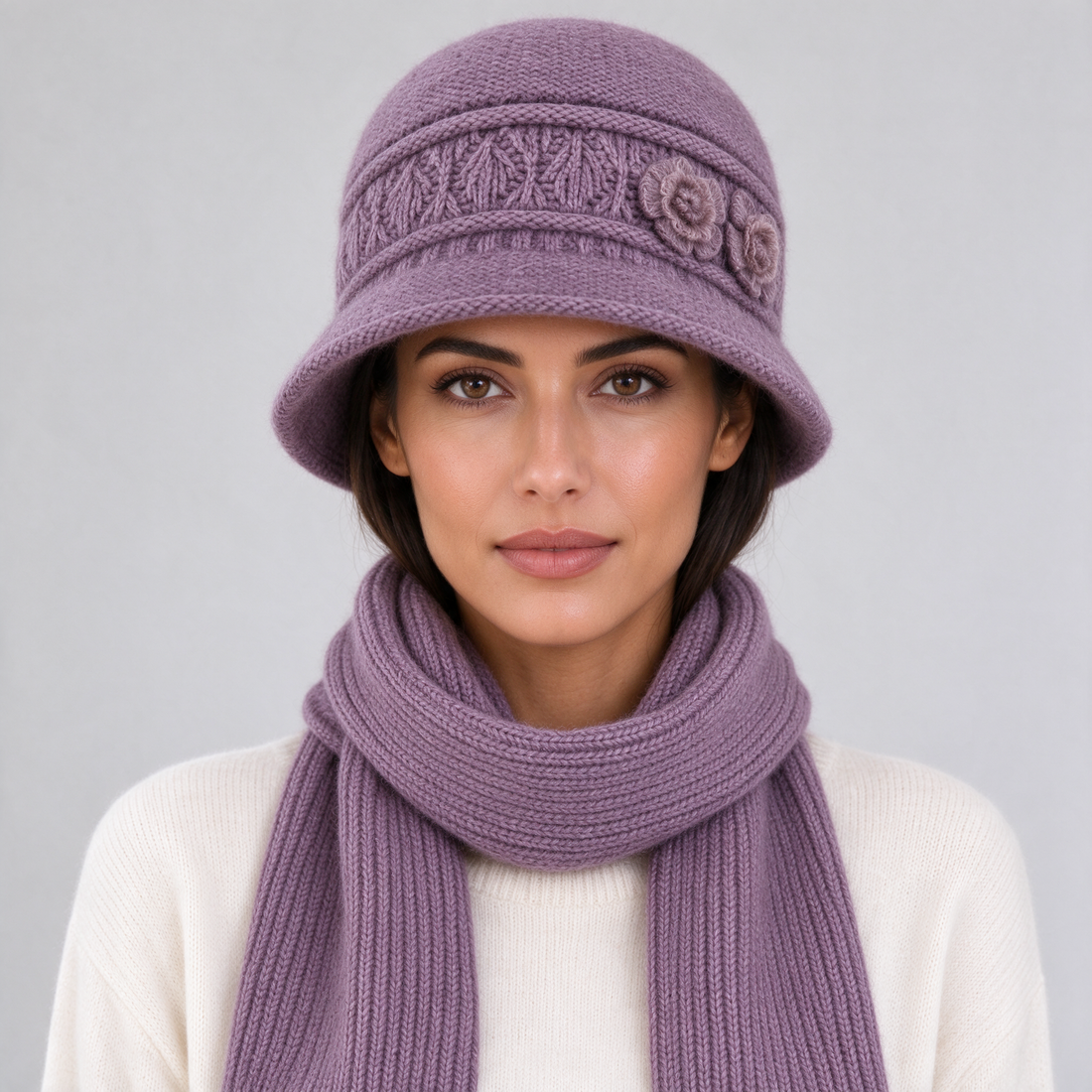 Taro purple knitted cloche hat and scarf front view