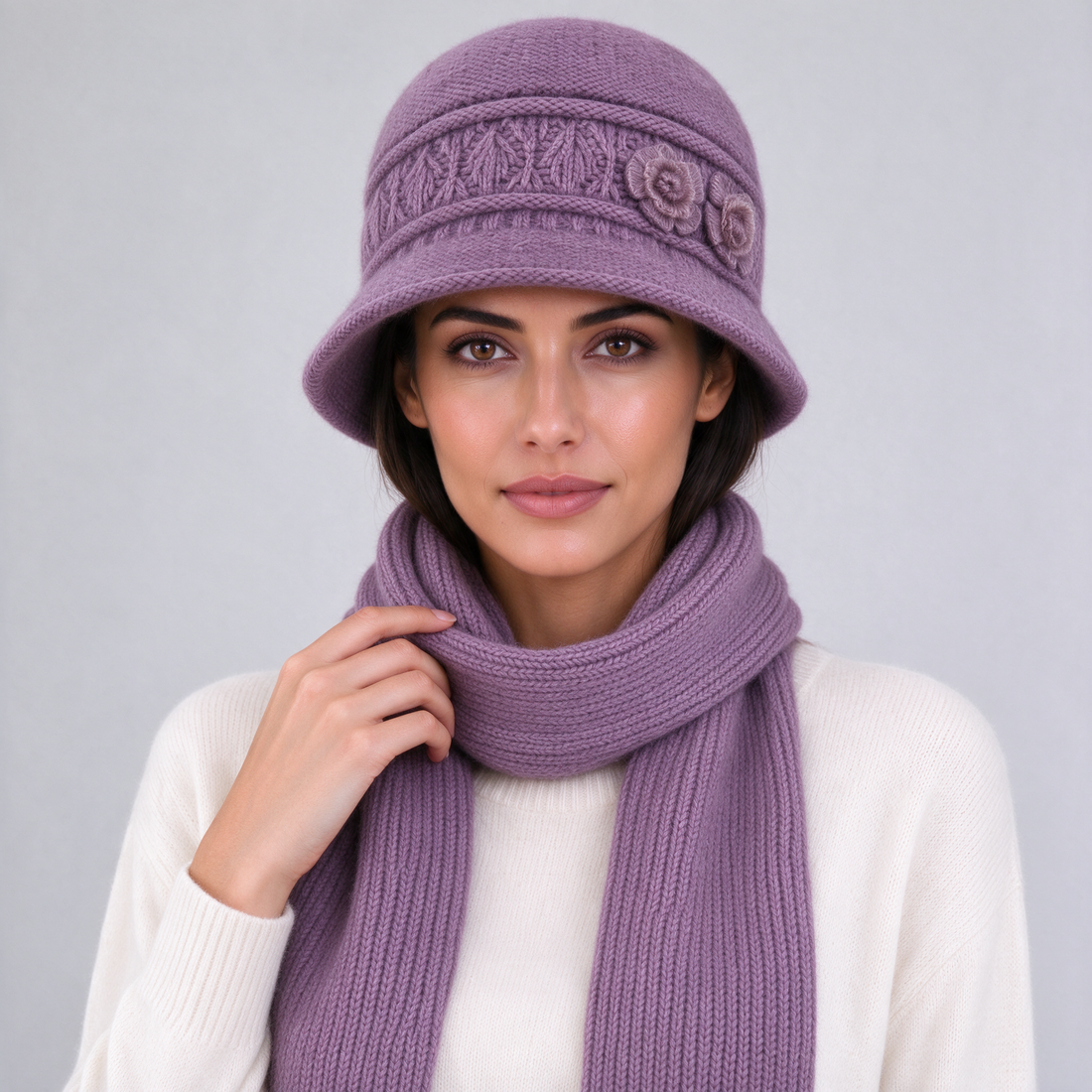 Taro purple knitted cloche hat and scarf front view