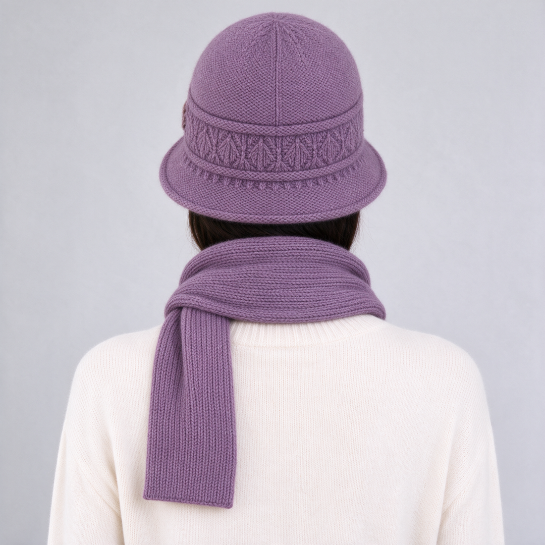 Taro purple knitted cloche hat and scarf rear view