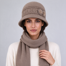 Khaki knitted cloche hat and scarf