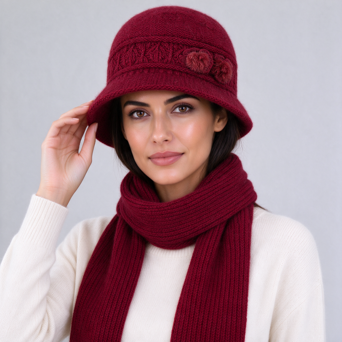 Red knitted cloche hat and scarf