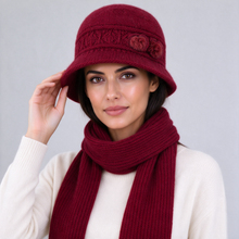 Red knitted cloche hat and scarf