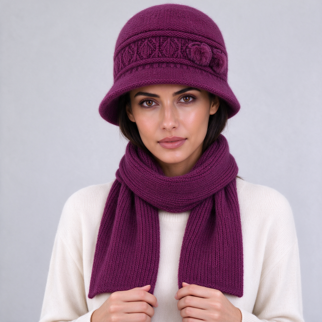 Purple knitted cloche hat and scarf