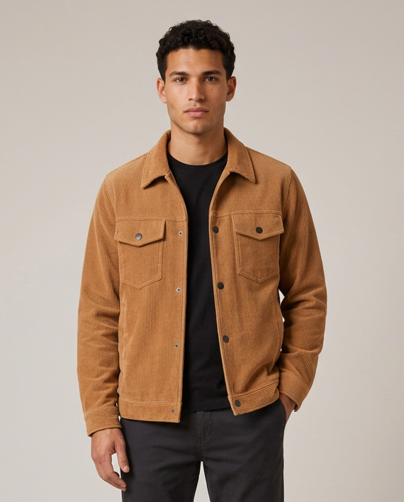 Men's camel corduroy overshirt shirt jacket, front studio view