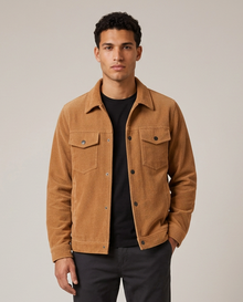 Men's camel corduroy overshirt shirt jacket, front studio view