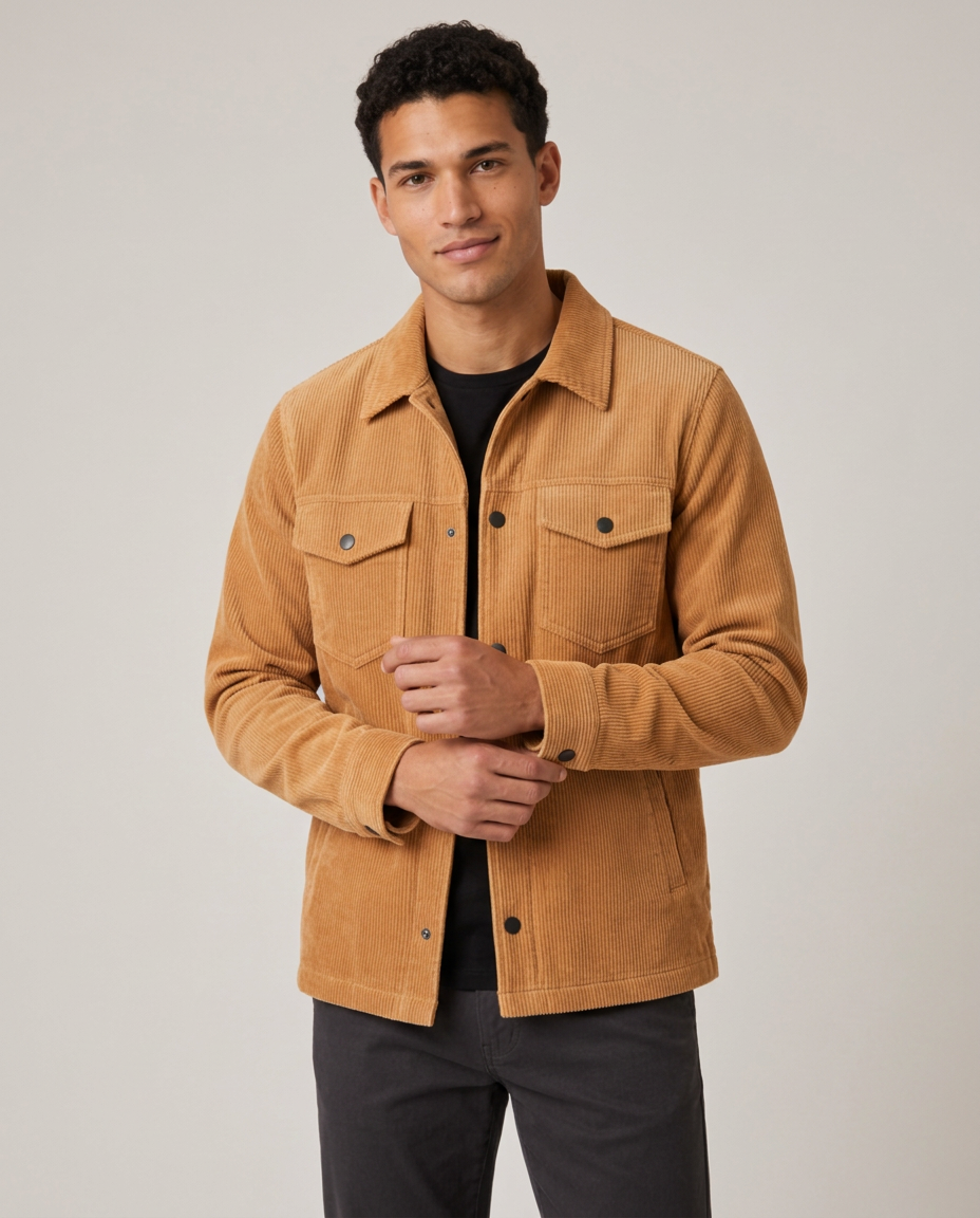 Men's camel corduroy overshirt shirt jacket, front studio view