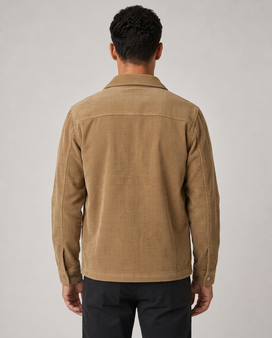 Men's camel corduroy overshirt, rear studio view
