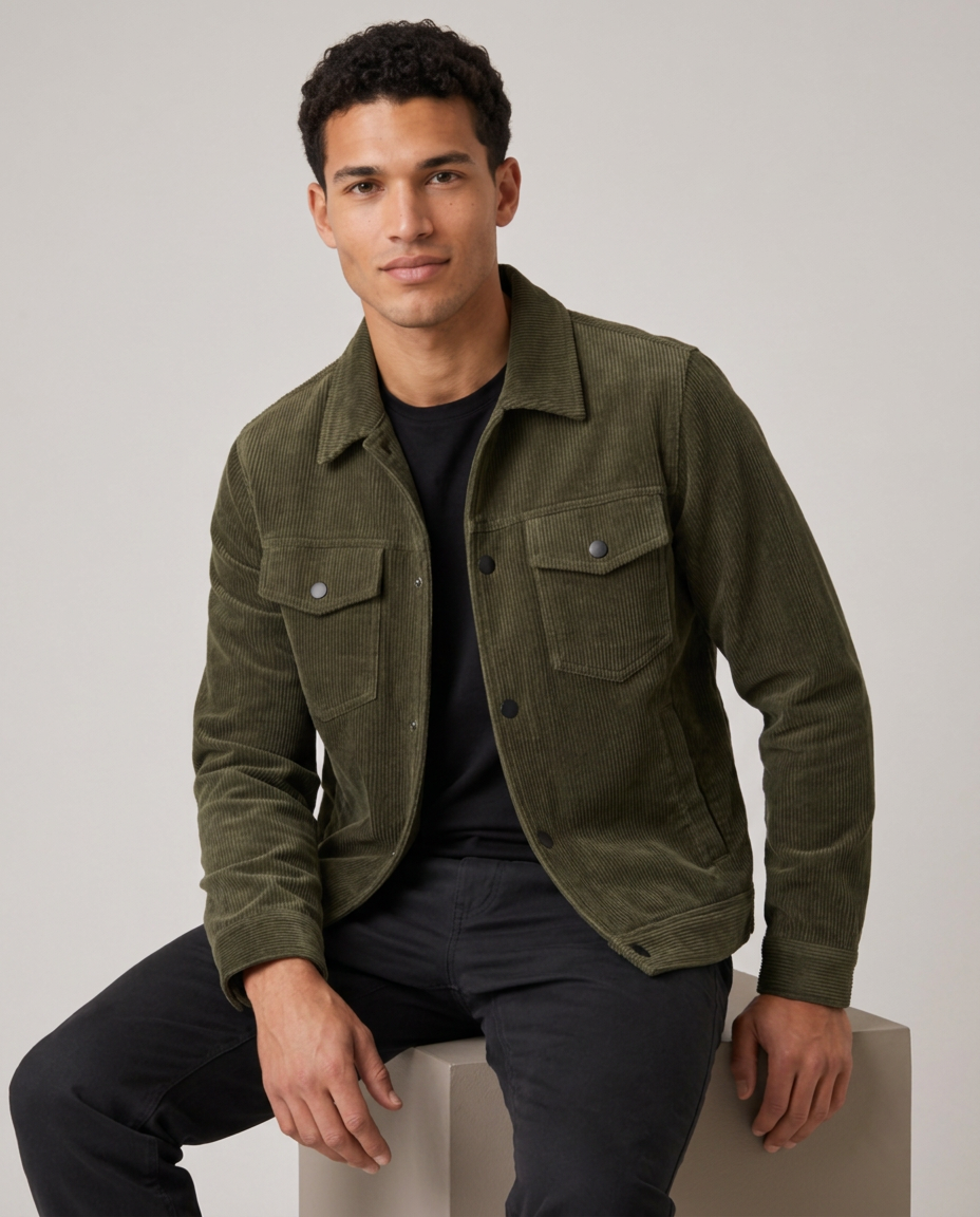 Men's green corduroy overshirt shirt jacket, studio view