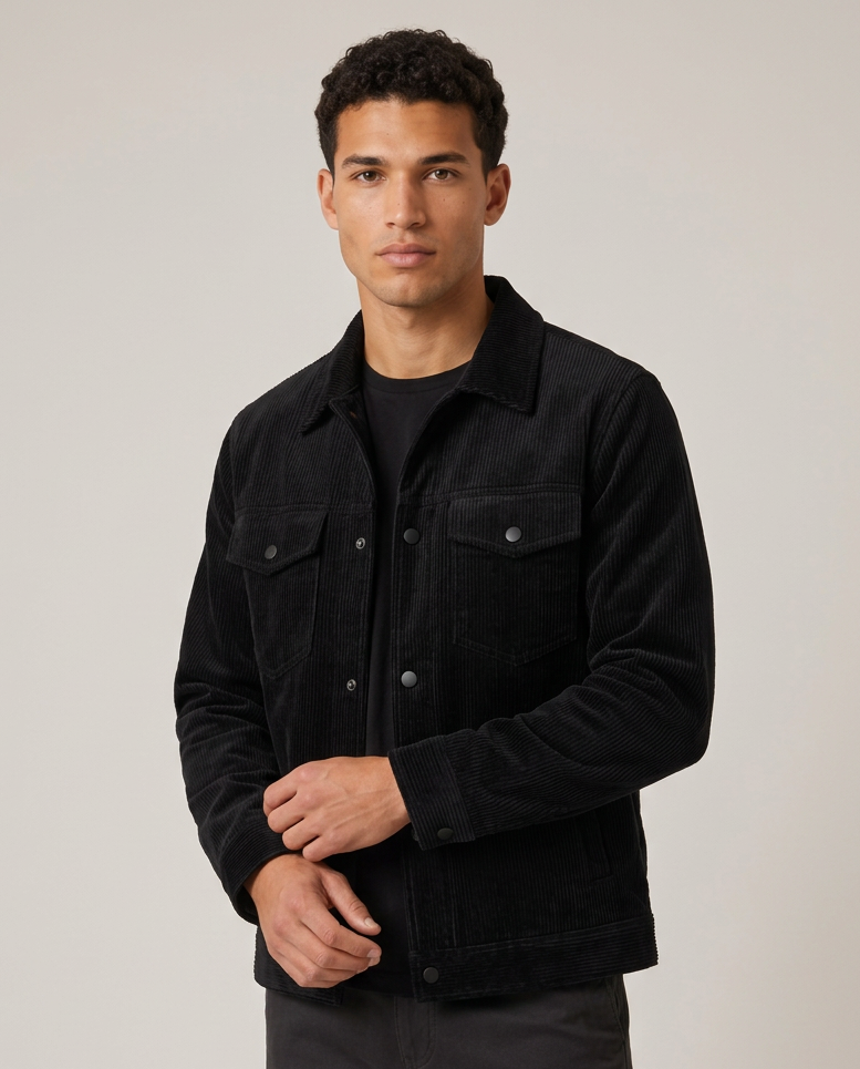 Men's black corduroy overshirt shirt jacket, studio view