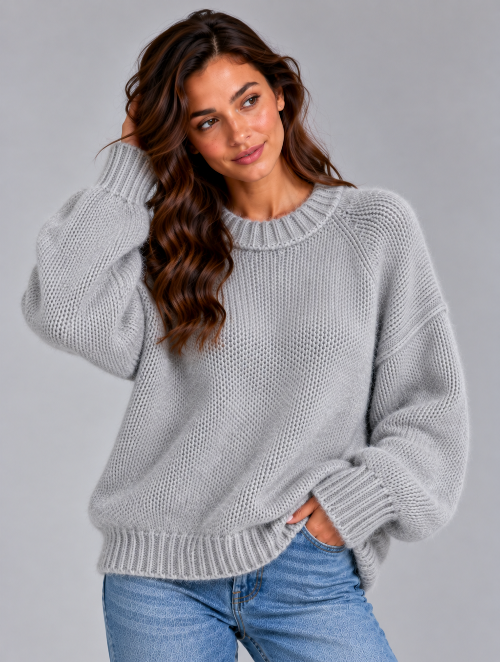 Women’s Fluffy Knit Jumper – Soft Crew Neck Sweater, Regular Fit