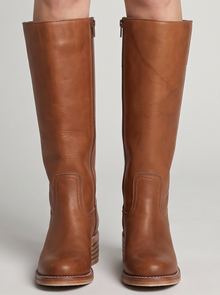 Women's Knee High Boots – Classic Stacked Heel Boots in Brown – front view