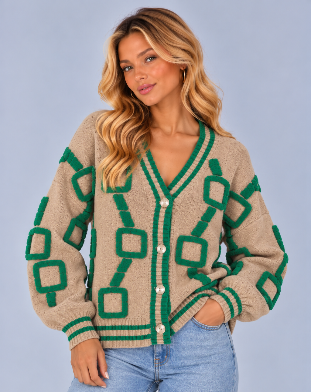 Women’s Patterned V-Neck Cardigan – Lightweight Geometric Knit with Striped Trims