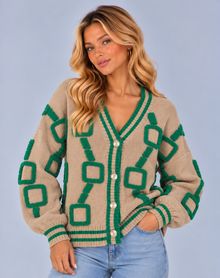 Women’s Patterned V-Neck Cardigan – Lightweight Geometric Knit with Striped Trims