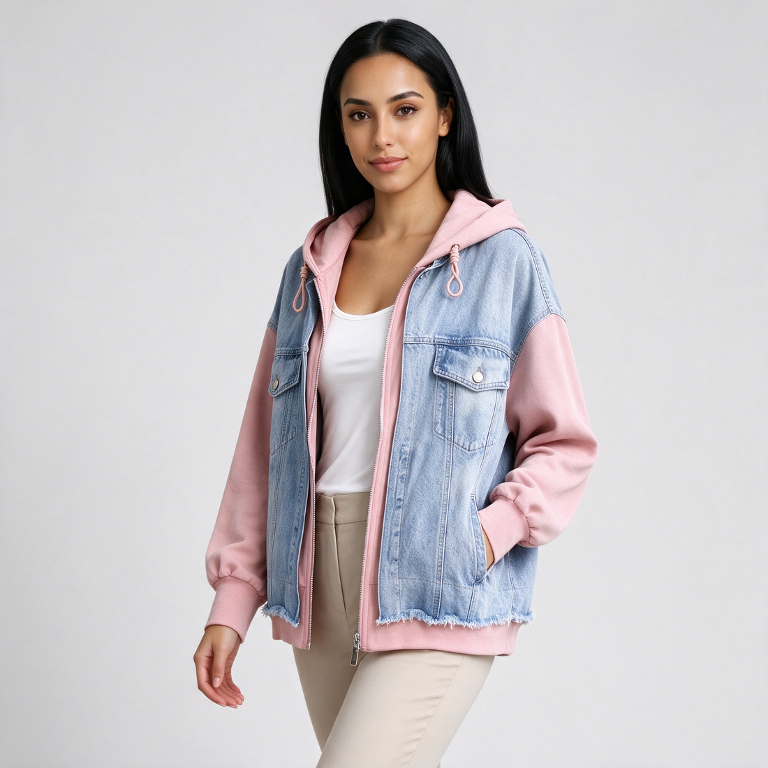 Women's oversized denim hoodie jacket in pink, three-quarter view