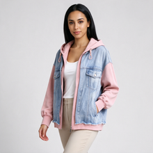 Women's oversized denim hoodie jacket in pink, three-quarter view