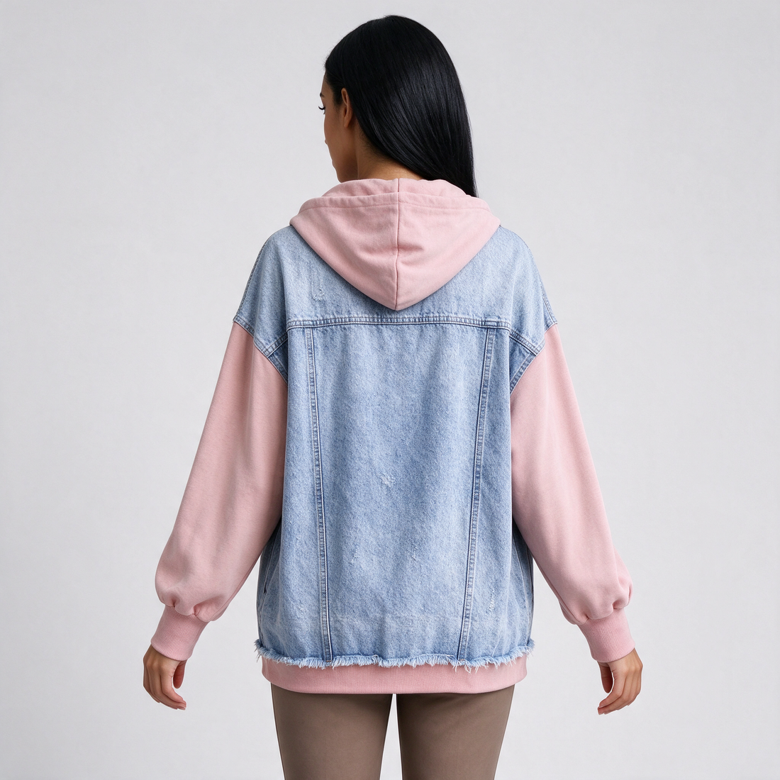 Women's oversized denim hoodie jacket in pink, rear view