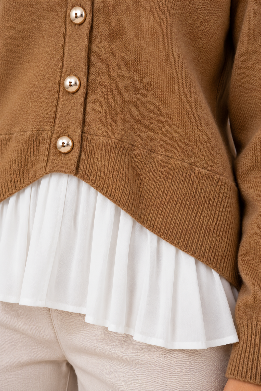 Women’s Layered Knit Cardigan – Button Front Pleated Hem Jumper