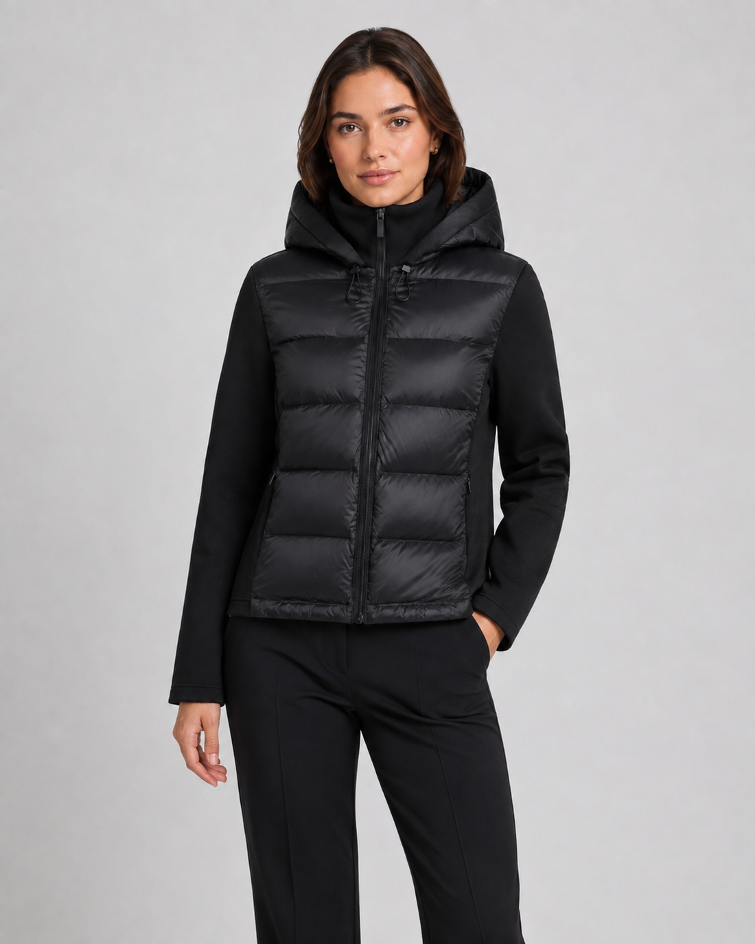Women's Hooded Hybrid Puffer Jacket in Black – image 7