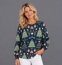 Women's Christmas Jumper – Nordic Tree & Gift Print Waffle Knit Henley