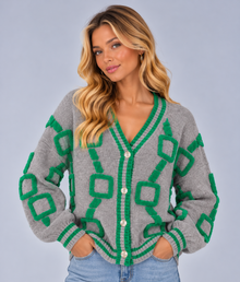 Women’s Patterned V-Neck Cardigan – Lightweight Geometric Knit with Striped Trims