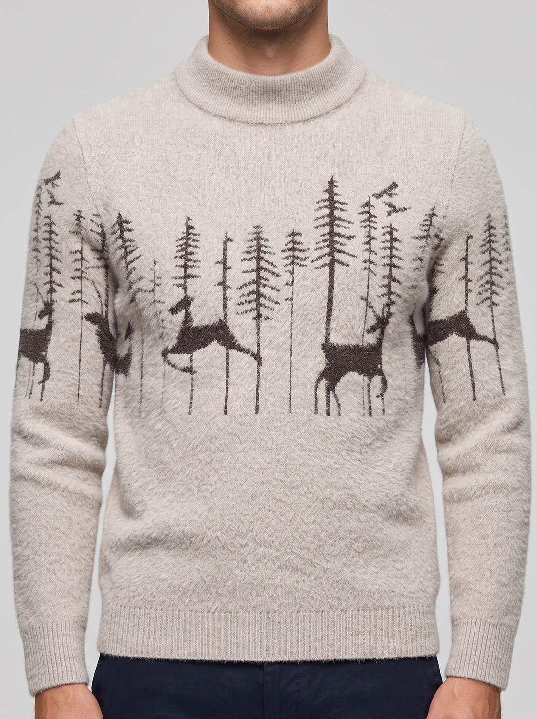Men's Reindeer Christmas Jumper in Beige – front view
