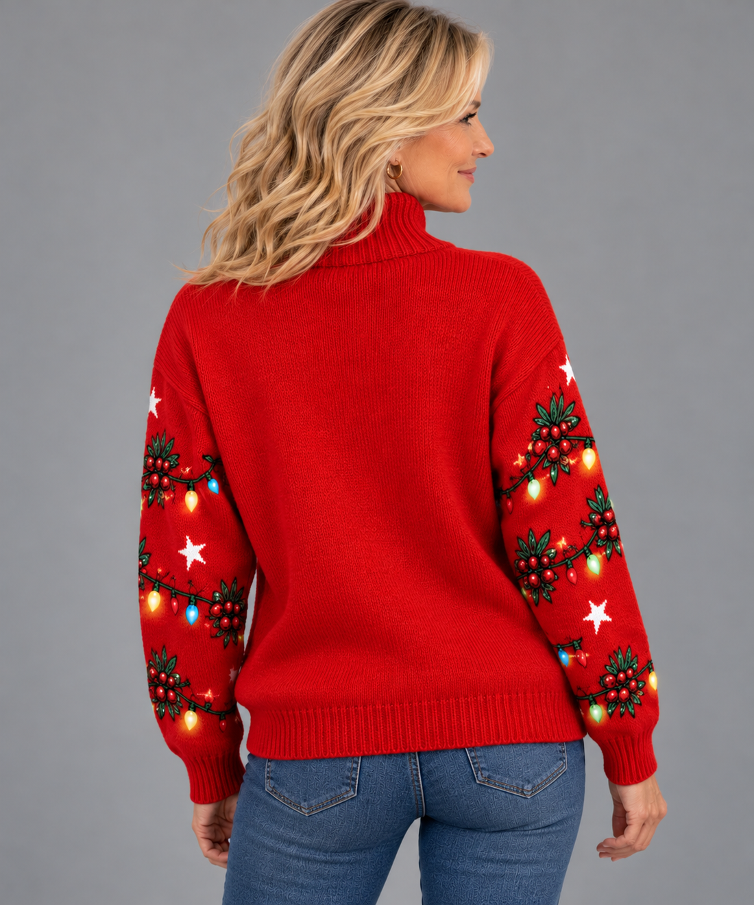 Women's Red Christmas Jumper – Cosy Reindeer Knit with Roll Neck