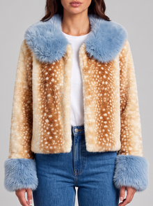 Women's Cropped Faux Fur Jacket in Fawn & Blue – front view