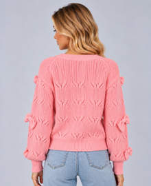 Women’s Bow Cardigan – Textured Knit V-Neck Button Up Cropped Cardigan