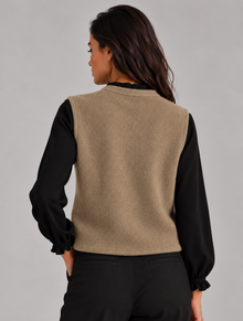 Women’s Button Up Sweater Vest – Knitted Waistcoat, Round Neck Sleeveless Knit